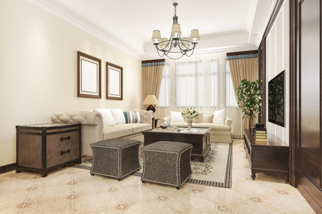 3d rendering luxury and classic living room with american vintage style