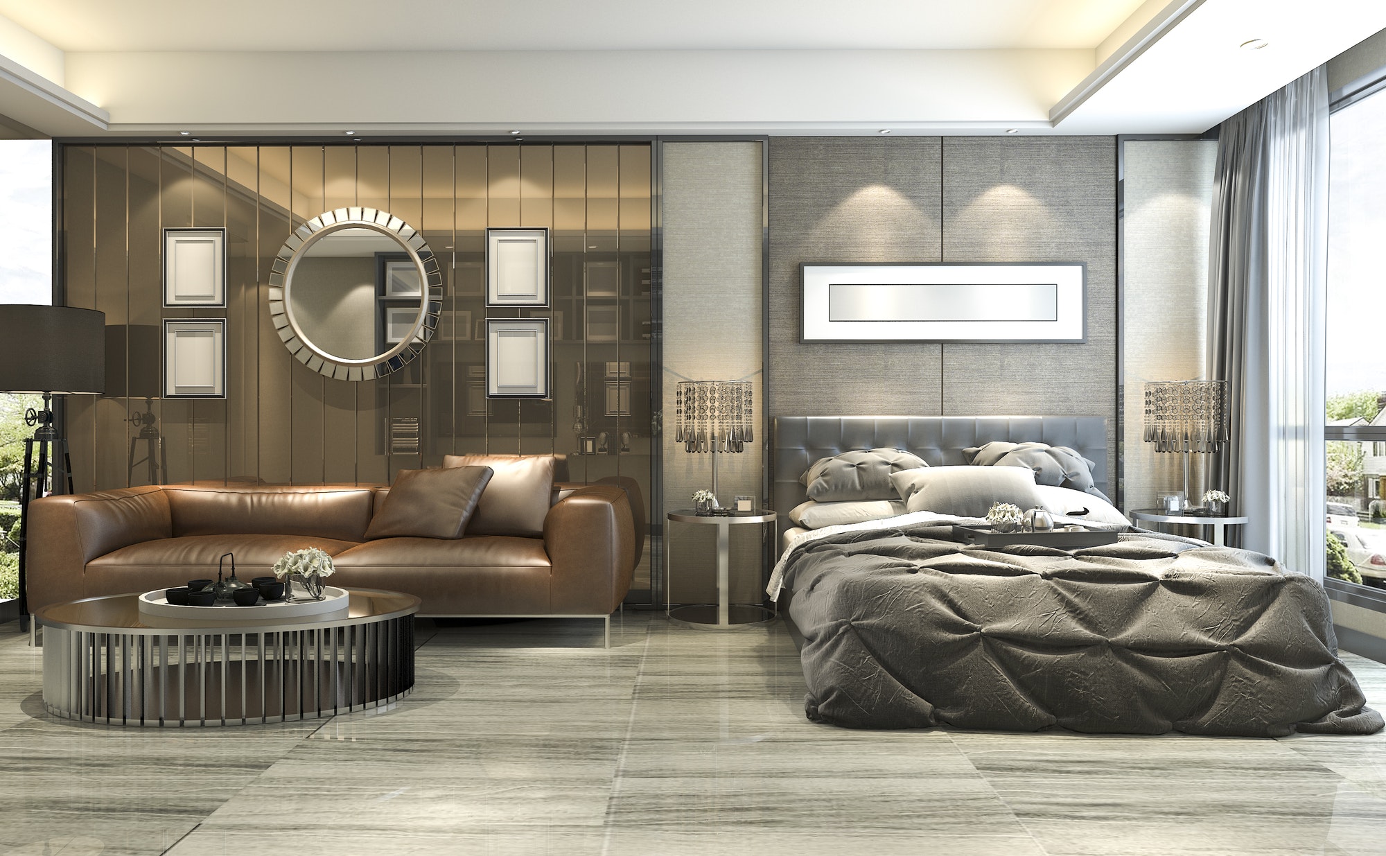 3d rendering luxury design living room and bedroom in modern building